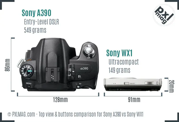 Sony A390 vs Sony WX1 top view buttons comparison