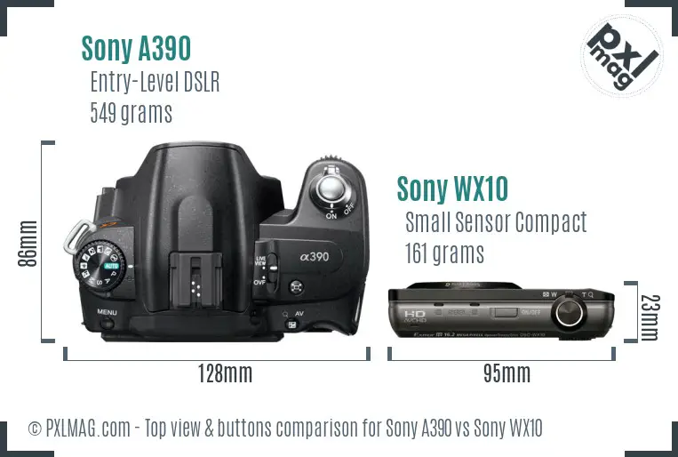 Sony A390 vs Sony WX10 top view buttons comparison