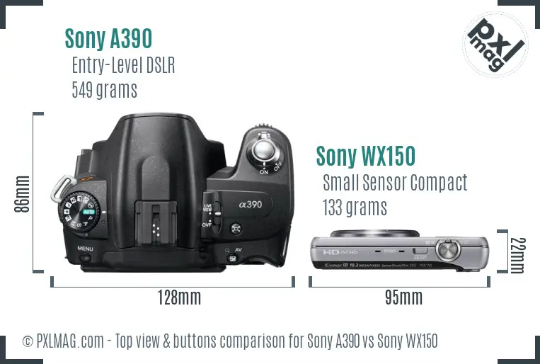 Sony A390 vs Sony WX150 top view buttons comparison