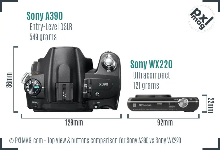 Sony A390 vs Sony WX220 top view buttons comparison