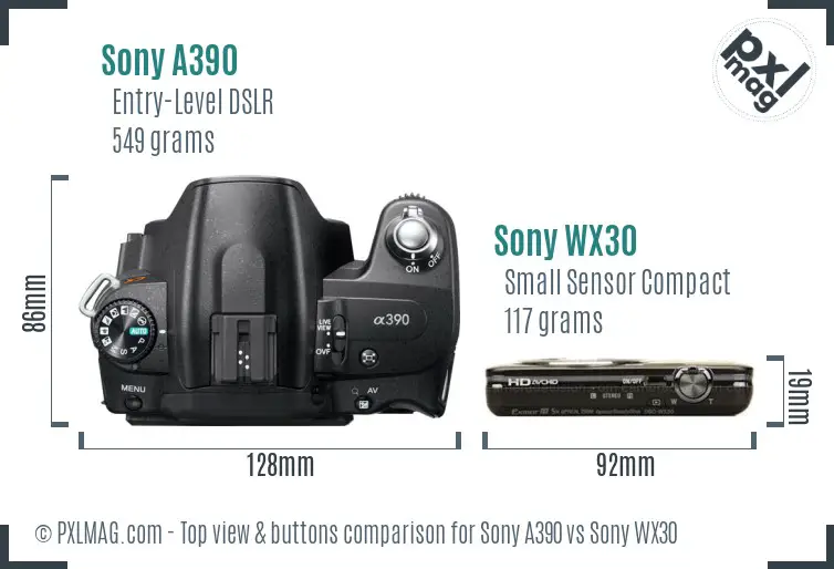 Sony A390 vs Sony WX30 top view buttons comparison