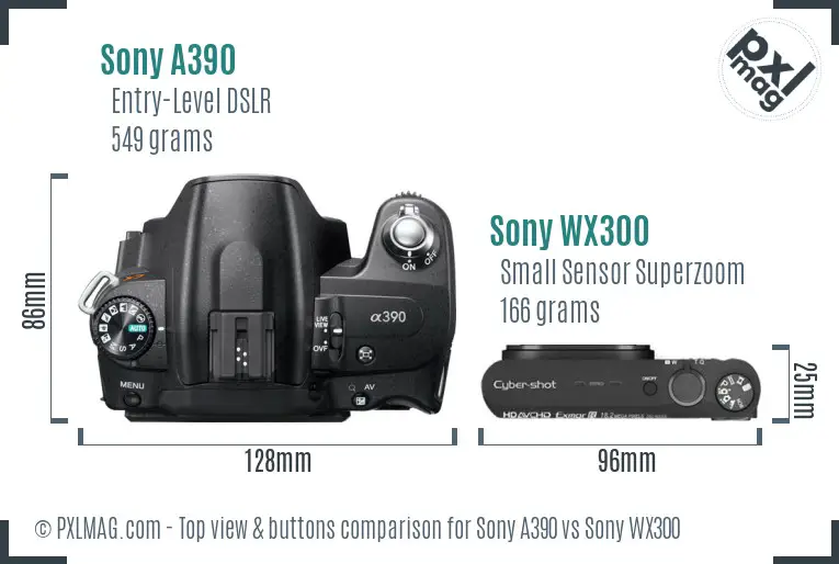 Sony A390 vs Sony WX300 top view buttons comparison