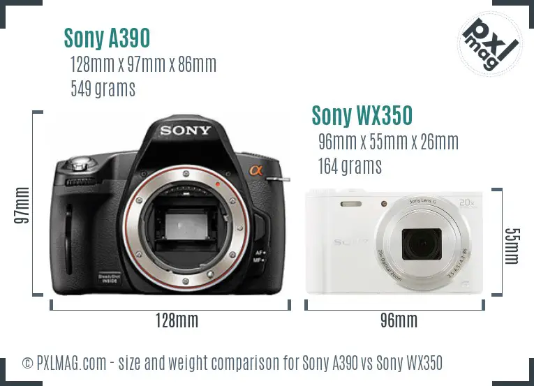 Sony A390 vs Sony WX350 size comparison