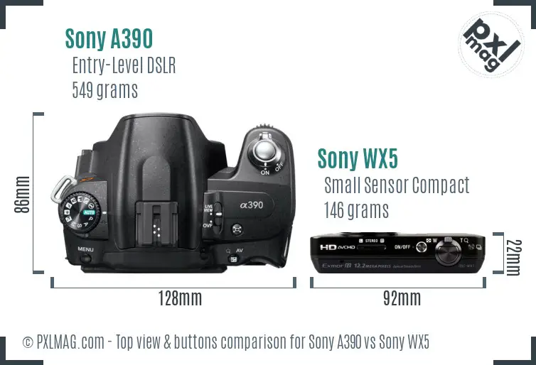 Sony A390 vs Sony WX5 top view buttons comparison