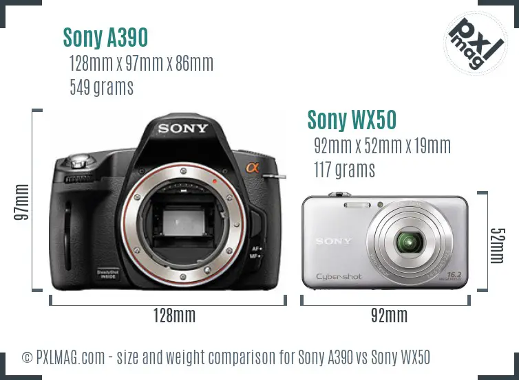 Sony A390 vs Sony WX50 size comparison