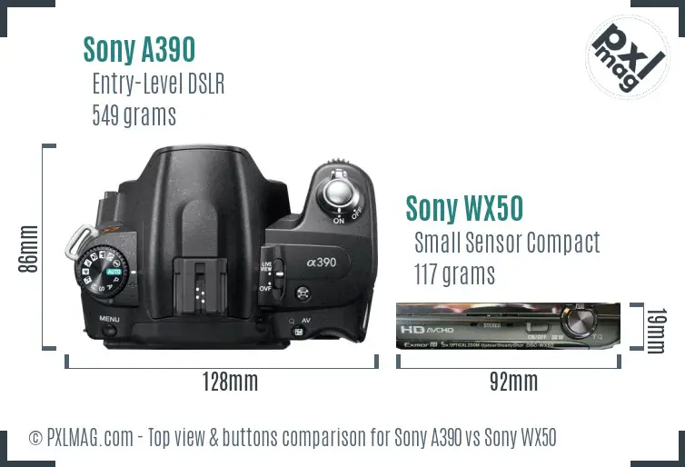 Sony A390 vs Sony WX50 top view buttons comparison