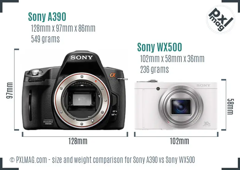 Sony A390 vs Sony WX500 size comparison