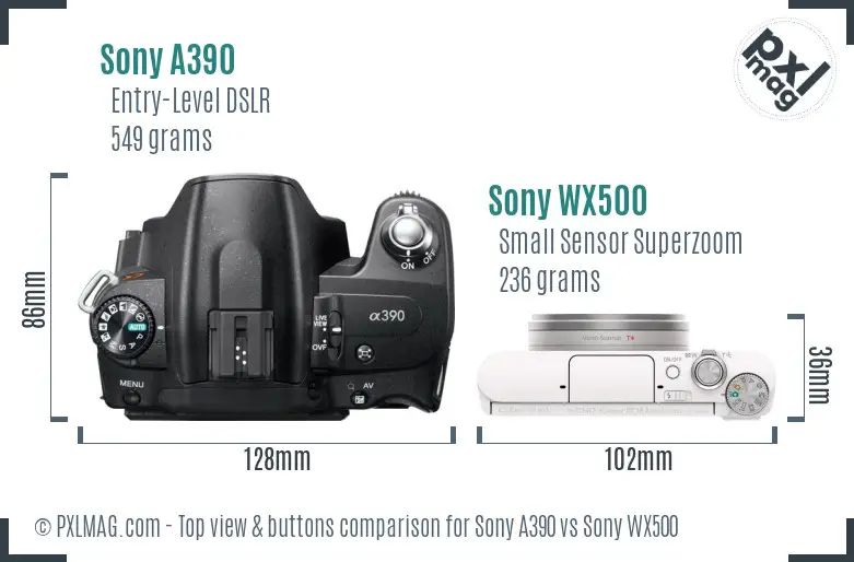 Sony A390 vs Sony WX500 top view buttons comparison