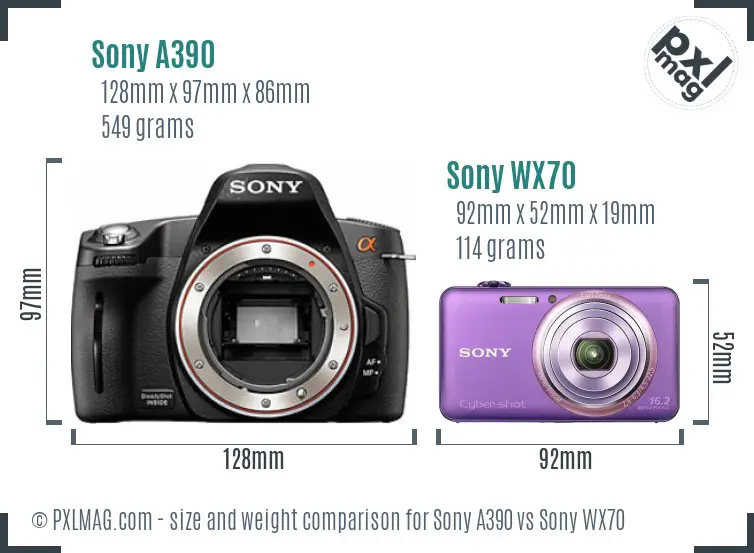 Sony A390 vs Sony WX70 size comparison