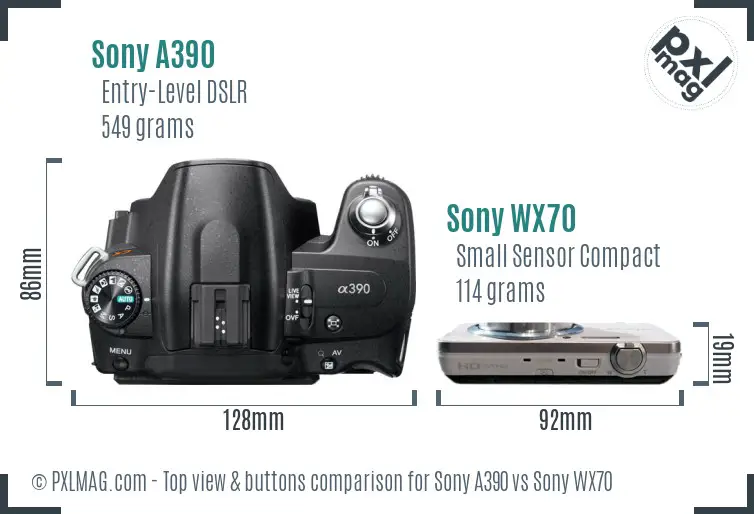 Sony A390 vs Sony WX70 top view buttons comparison