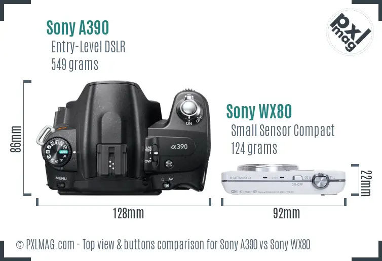 Sony A390 vs Sony WX80 top view buttons comparison