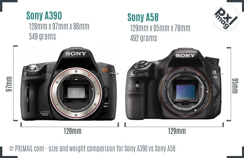 Sony A390 vs Sony A58 size comparison
