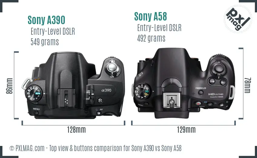 Sony A390 vs Sony A58 top view buttons comparison