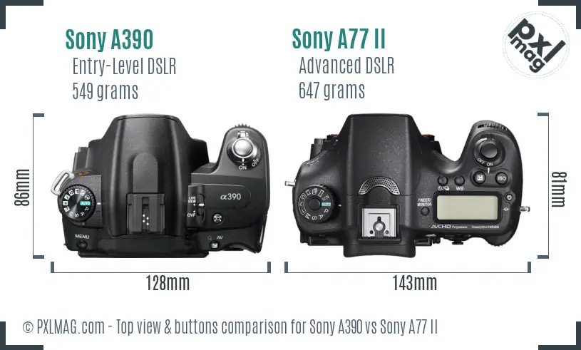 Sony A390 vs Sony A77 II top view buttons comparison