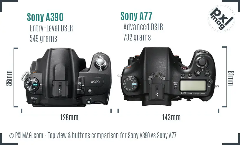 Sony A390 vs Sony A77 top view buttons comparison