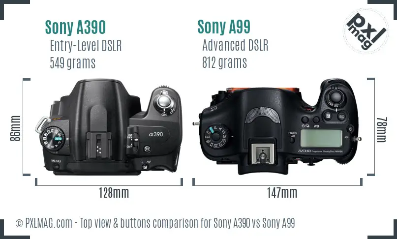 Sony A390 vs Sony A99 top view buttons comparison