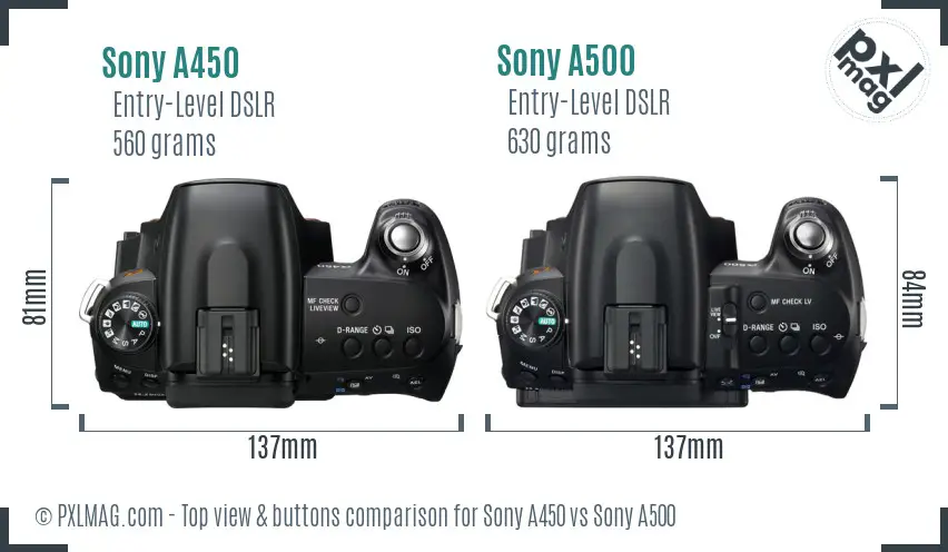 Sony A450 vs Sony A500 top view buttons comparison