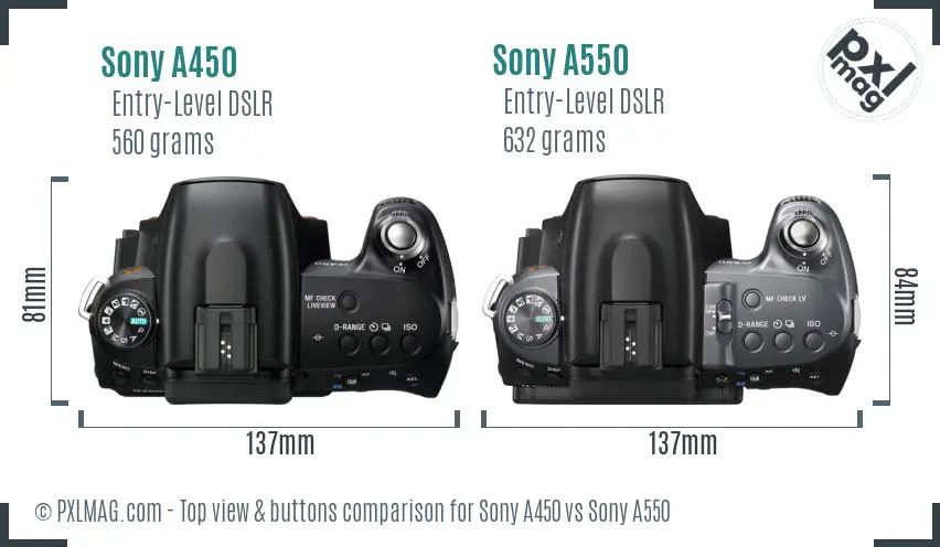 Sony A450 vs Sony A550 top view buttons comparison