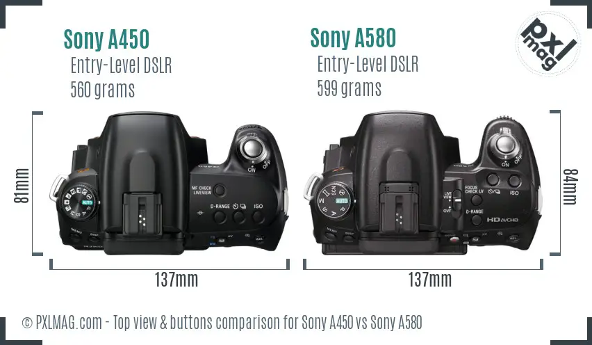 Sony A450 vs Sony A580 top view buttons comparison