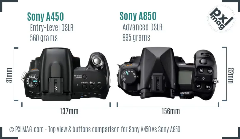 Sony A450 vs Sony A850 top view buttons comparison