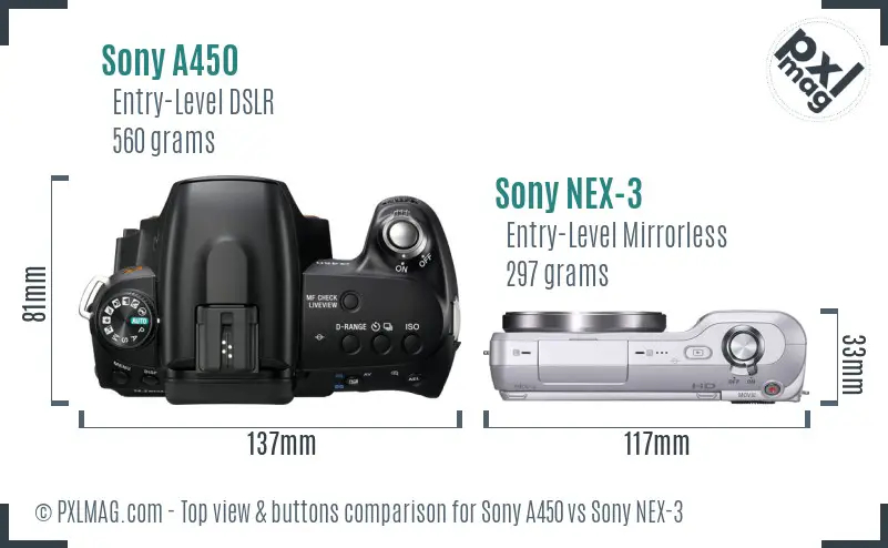 Sony A450 vs Sony NEX-3 top view buttons comparison