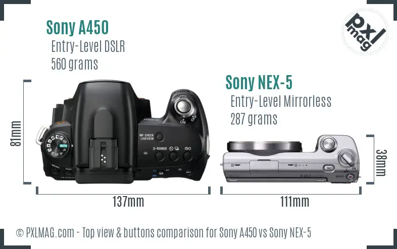 Sony A450 vs Sony NEX-5 top view buttons comparison