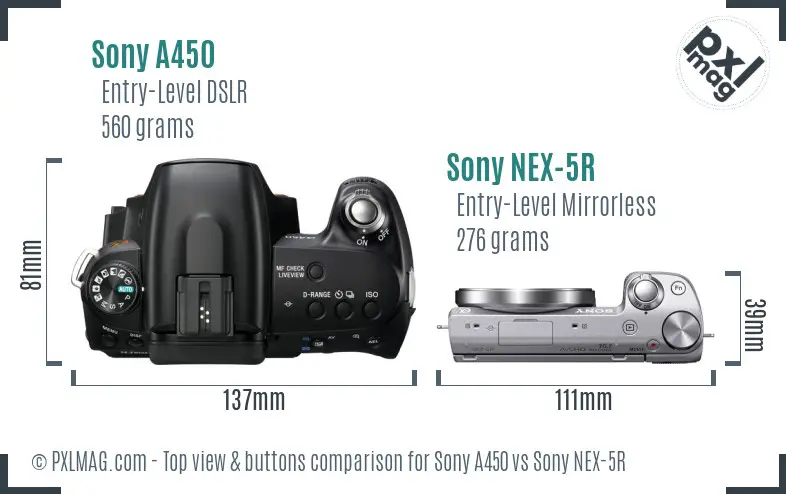 Sony A450 vs Sony NEX-5R top view buttons comparison