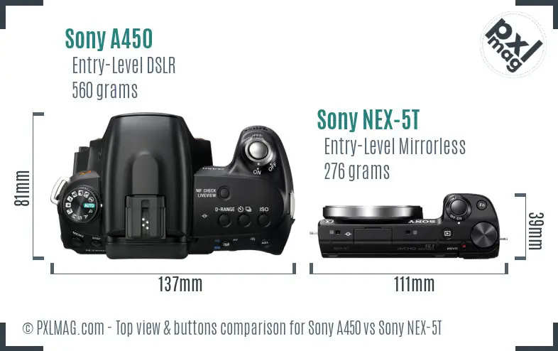 Sony A450 vs Sony NEX-5T top view buttons comparison