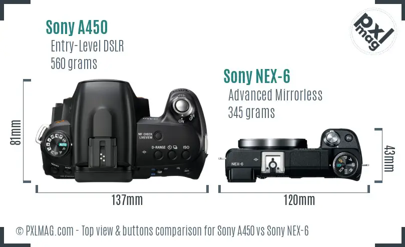 Sony A450 vs Sony NEX-6 top view buttons comparison