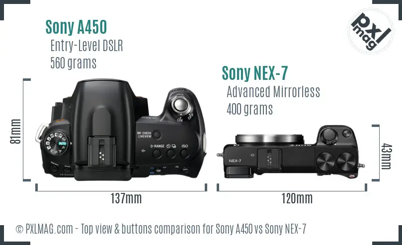Sony A450 vs Sony NEX-7 top view buttons comparison