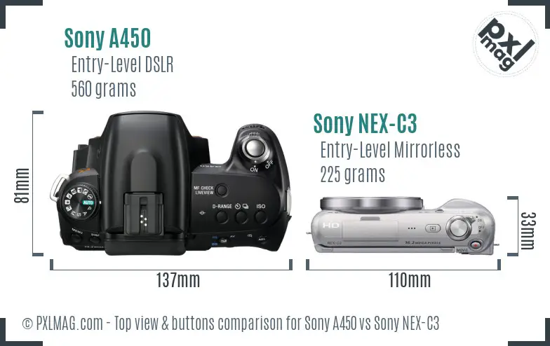 Sony A450 vs Sony NEX-C3 top view buttons comparison