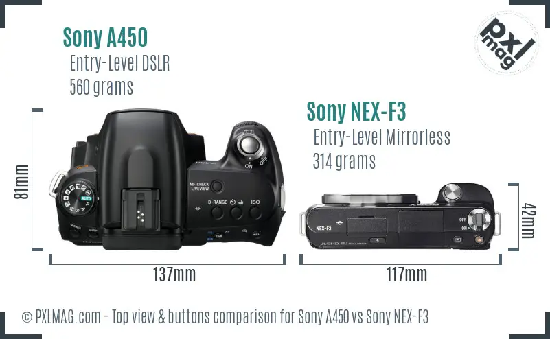 Sony A450 vs Sony NEX-F3 top view buttons comparison
