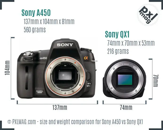 Sony A450 vs Sony QX1 size comparison