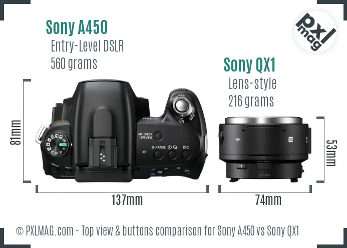 Sony A450 vs Sony QX1 top view buttons comparison