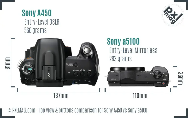 Sony A450 vs Sony a5100 top view buttons comparison