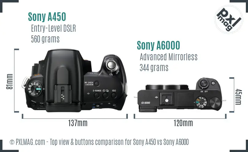 Sony A450 vs Sony A6000 top view buttons comparison