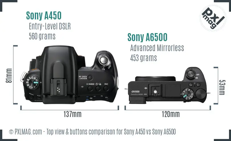 Sony A450 vs Sony A6500 top view buttons comparison