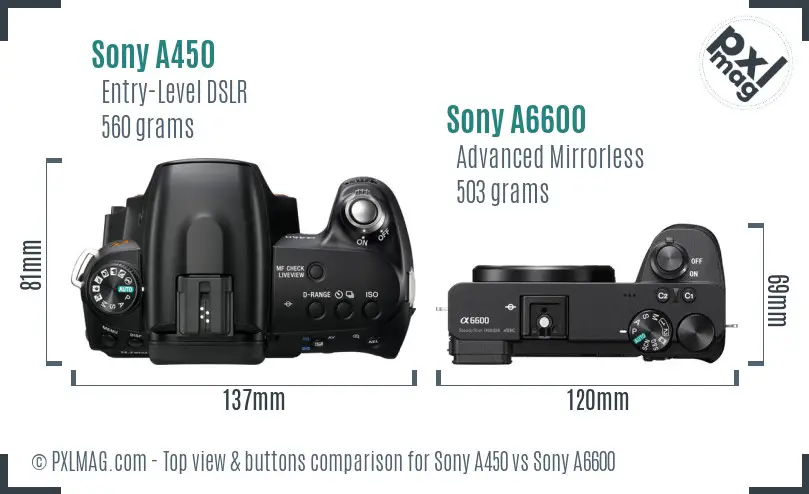Sony A450 vs Sony A6600 top view buttons comparison