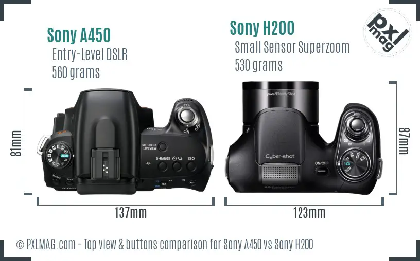 Sony A450 vs Sony H200 top view buttons comparison