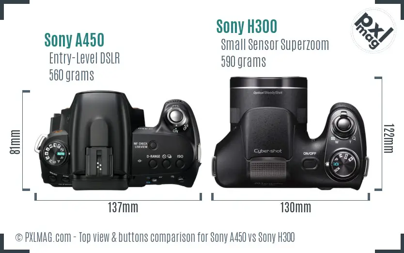 Sony A450 vs Sony H300 top view buttons comparison