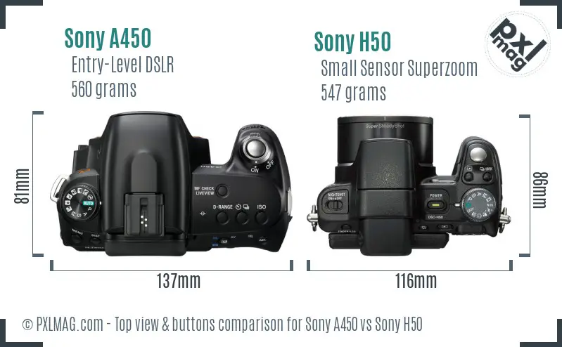 Sony A450 vs Sony H50 top view buttons comparison