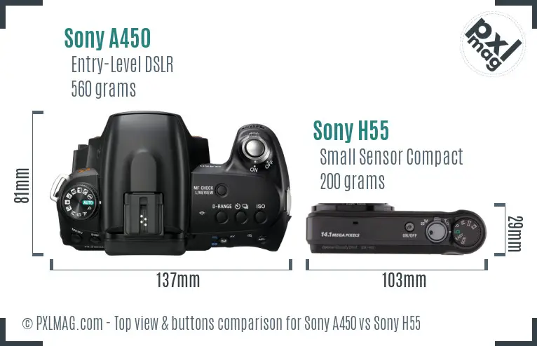 Sony A450 vs Sony H55 top view buttons comparison