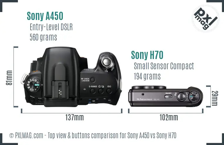 Sony A450 vs Sony H70 top view buttons comparison