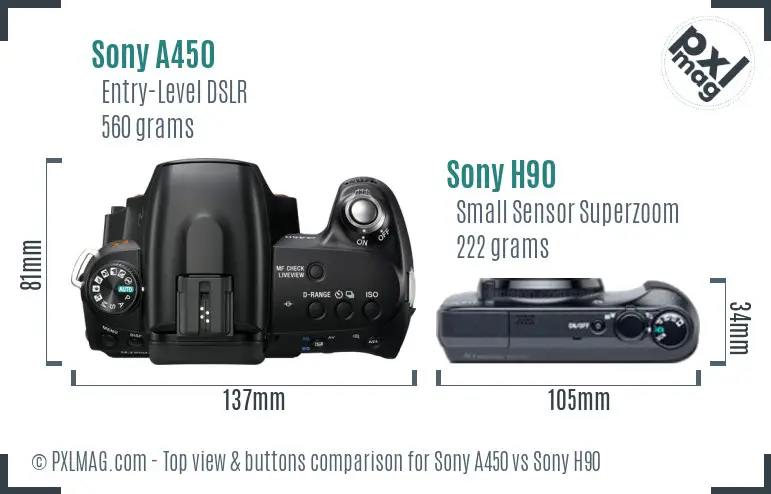 Sony A450 vs Sony H90 top view buttons comparison