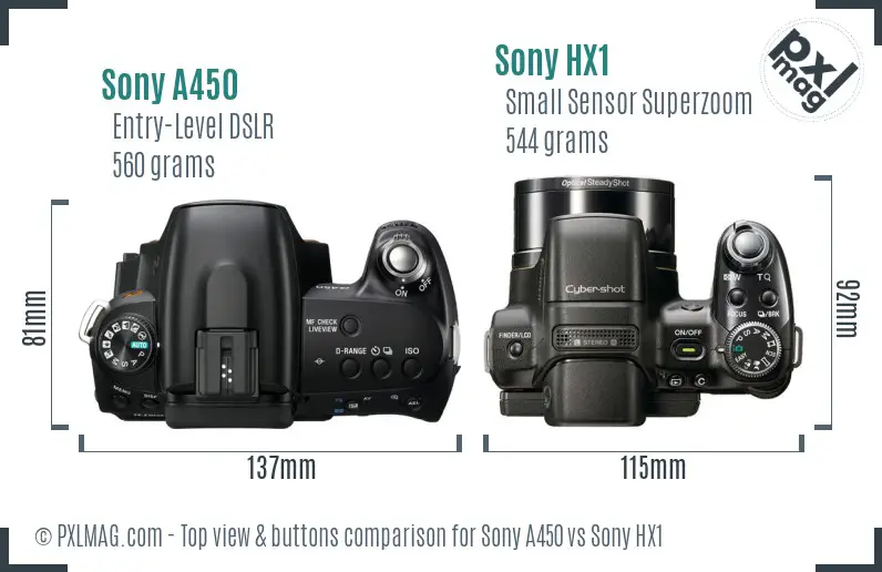 Sony A450 vs Sony HX1 top view buttons comparison
