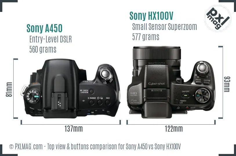 Sony A450 vs Sony HX100V top view buttons comparison