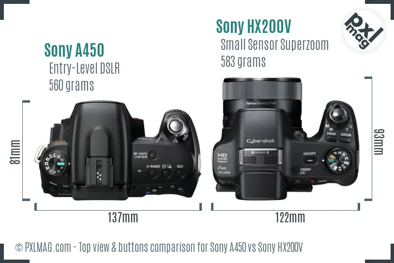 Sony A450 vs Sony HX200V top view buttons comparison