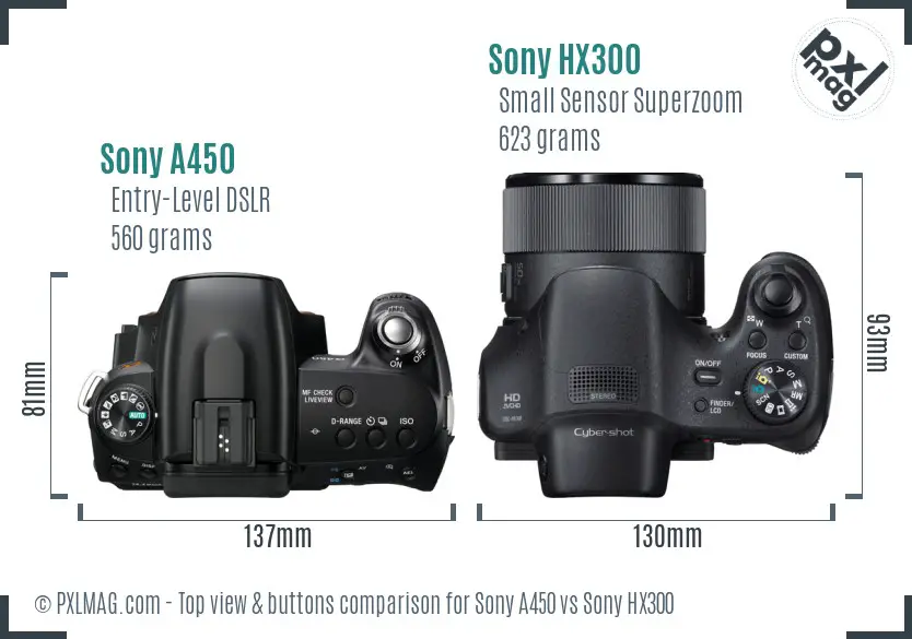 Sony A450 vs Sony HX300 top view buttons comparison