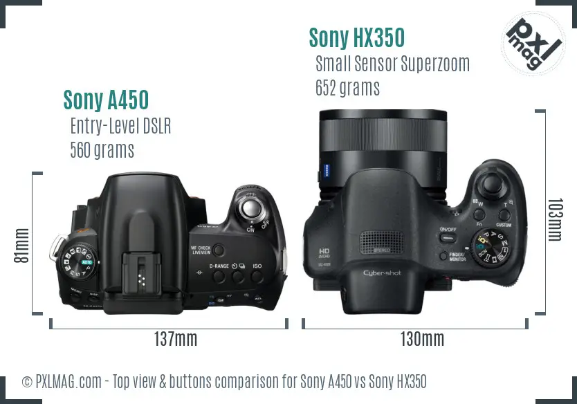 Sony A450 vs Sony HX350 top view buttons comparison
