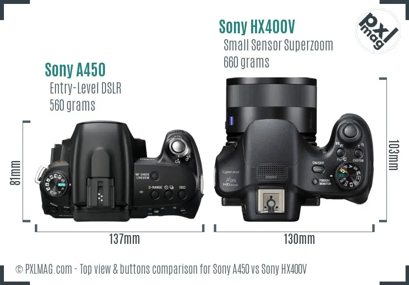 Sony A450 vs Sony HX400V top view buttons comparison